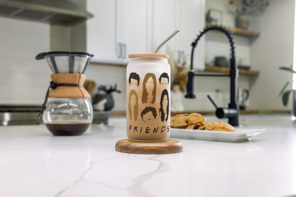 Personalised printed glass can tumbler with bamboo lid and steel straw