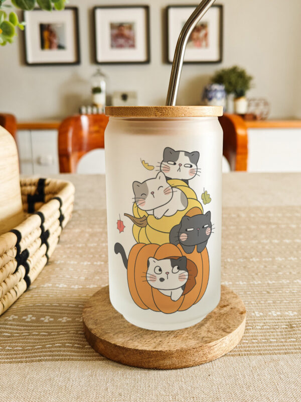 Personalised printed glass can tumbler with bamboo lid and steel straw