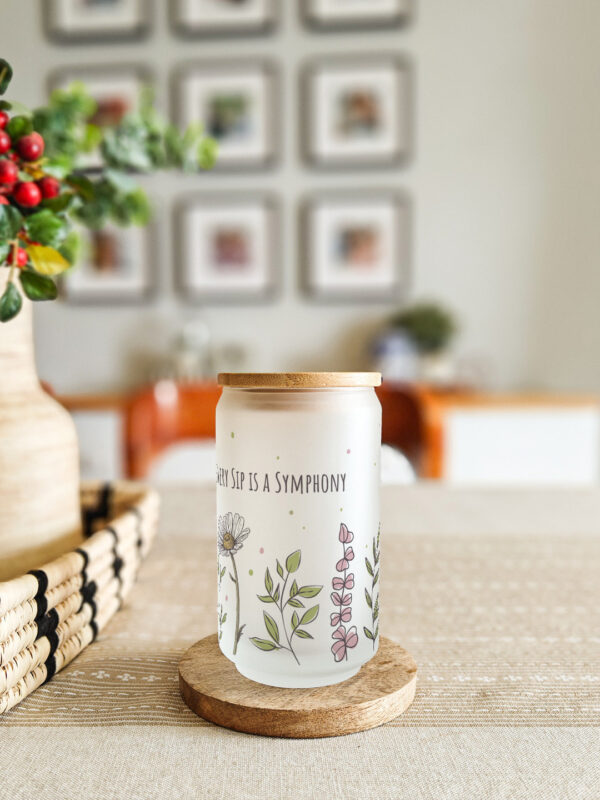 Personalised printed glass can tumbler with bamboo lid and steel straw