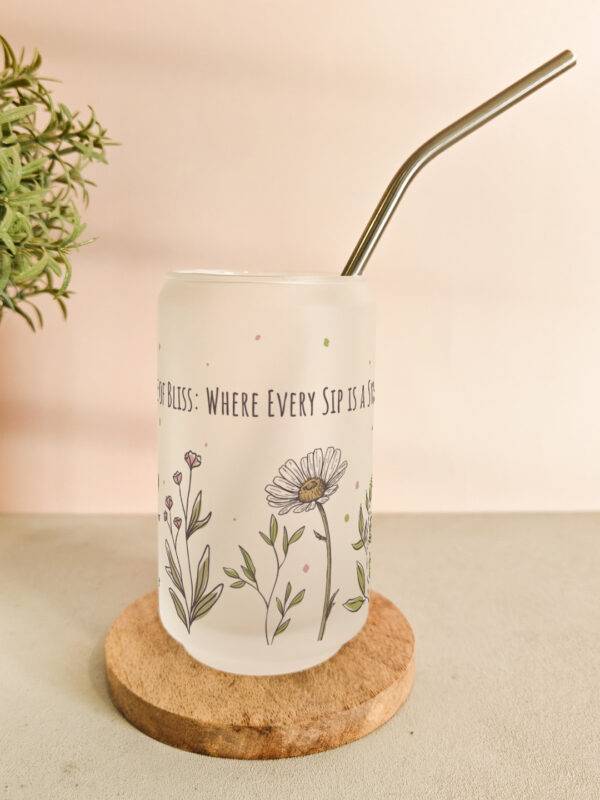 Personalised printed glass can tumbler with bamboo lid and steel straw