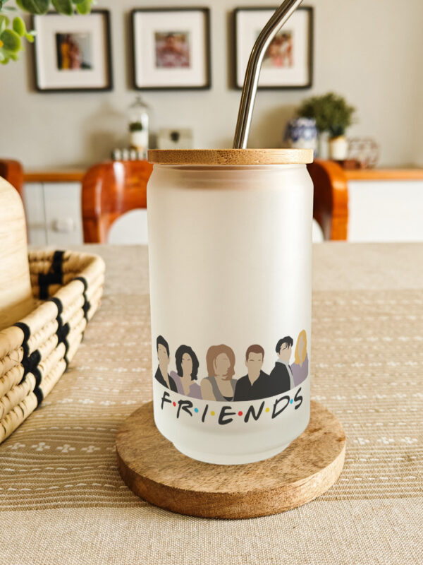 Personalised printed glass can tumbler with bamboo lid and steel straw