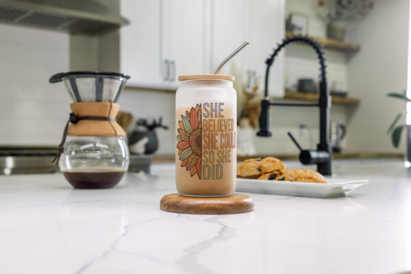 Personalised printed glass can tumbler with bamboo lid and steel straw