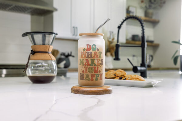 Printed personalised glass can tumbler with lid and straw