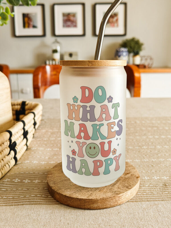 Printed personalised glass can tumbler with lid and straw