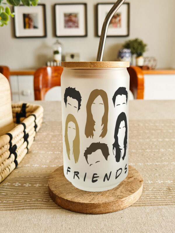 Personalised printed glass can tumbler with bamboo lid and steel straw