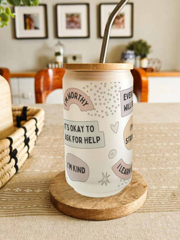 Personalised printed glass can tumbler with bamboo lid and steel straw