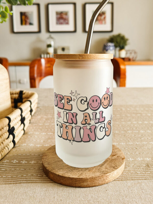 Personalised printed glass can tumbler with bamboo lid and steel straw