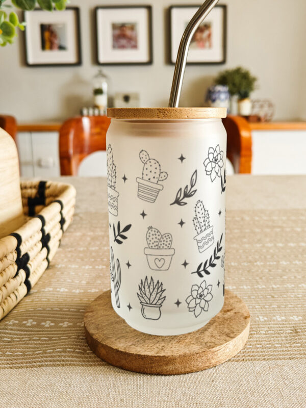 Personalised printed glass can tumbler with bamboo lid and steel straw