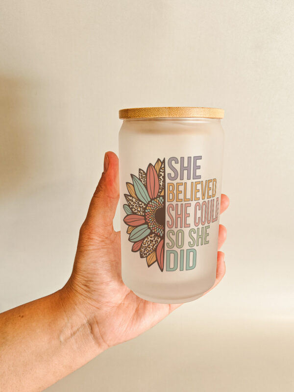 Personalised printed glass can tumbler with bamboo lid and steel straw