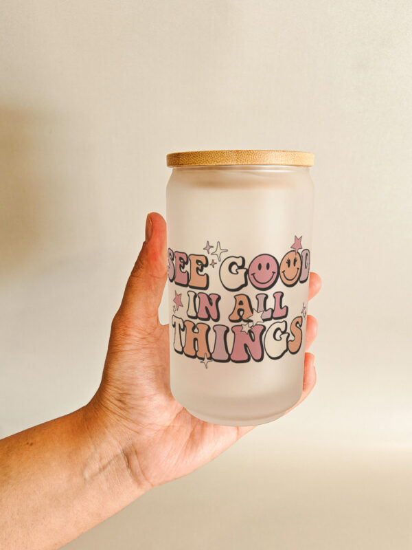 Personalised printed glass can tumbler with bamboo lid and steel straw