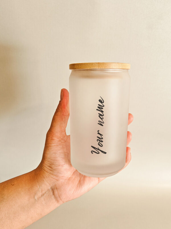 Personalised glass can tumbler with lid and straw