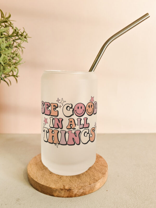 Personalised printed glass can tumbler with bamboo lid and steel straw