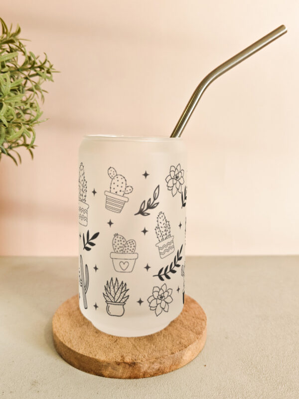 Personalised printed glass can tumbler with bamboo lid and steel straw