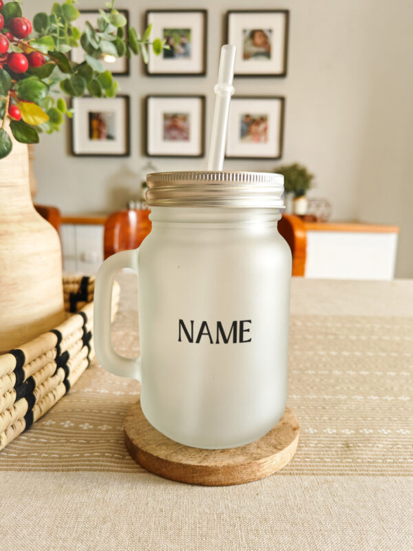 Personalised printed glass mason jar sipper with lid and straw